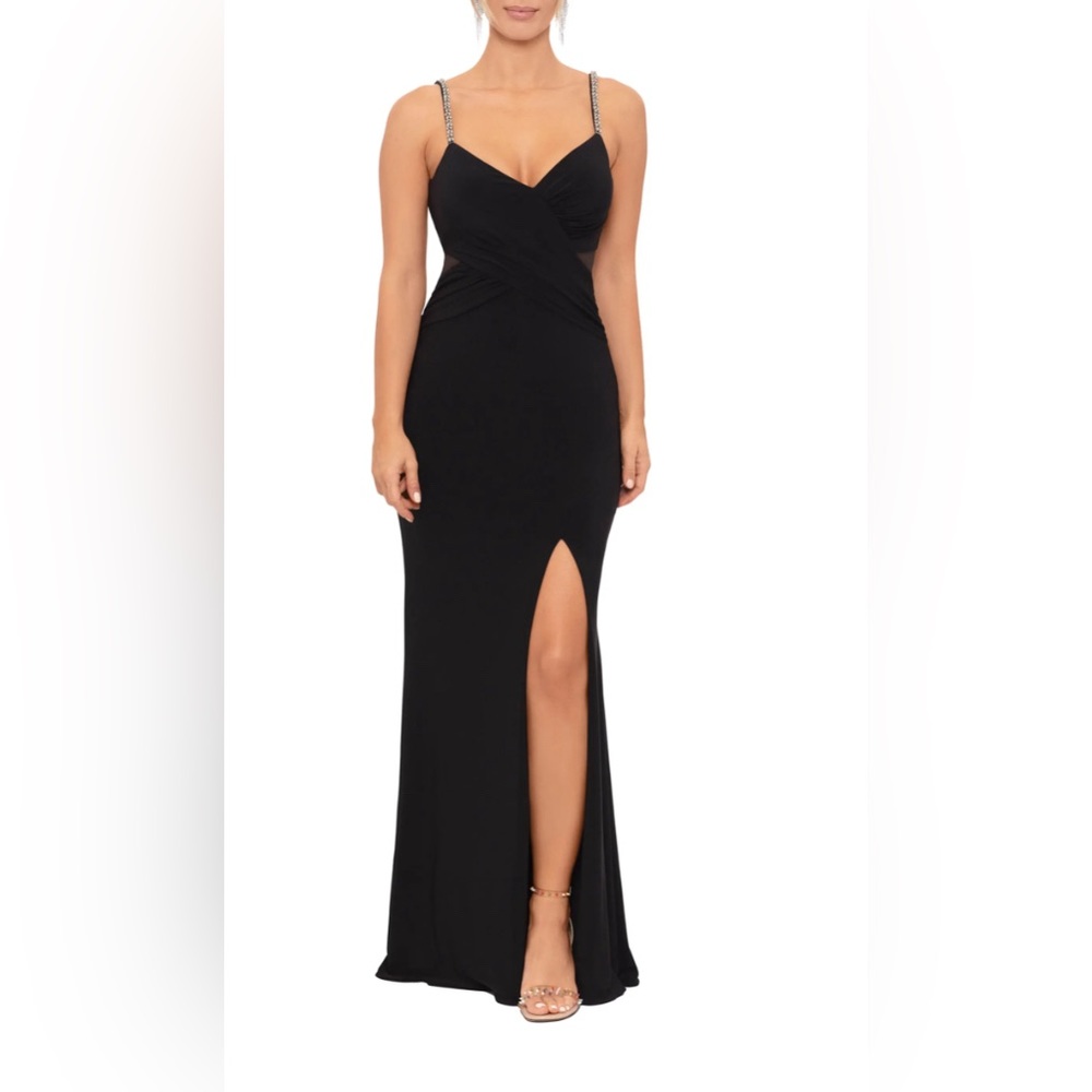 Xscape Black Mesh Inset Gown with Embellished Straps Size 2